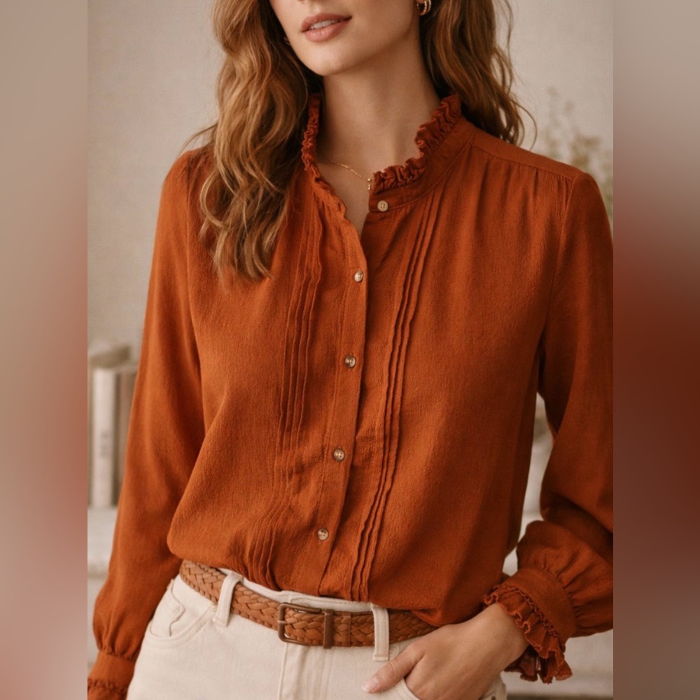 See U Soon Rust Ruffle Neck Blouse – Romantic Pleated Top, Size M